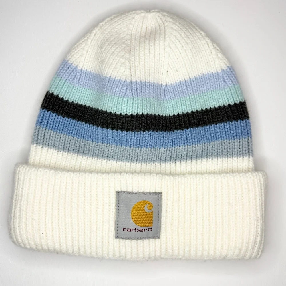 Carhartt Women’s Rib-Knit Beanie Off White Blue Gray Stripe